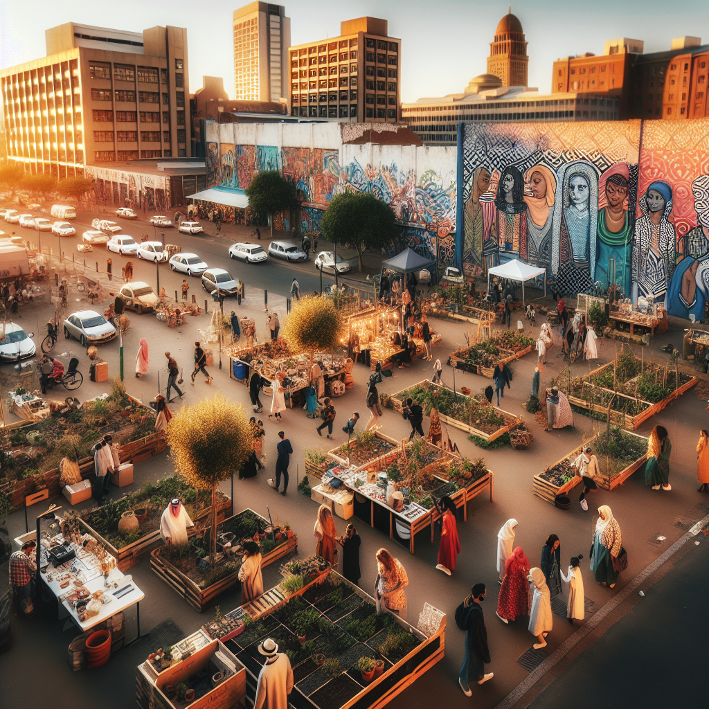Luftfoto av Johannesburg sentrum ved solnedgang med gatekunst, urbane hager og folk som utforsker et marked, varm fargetone