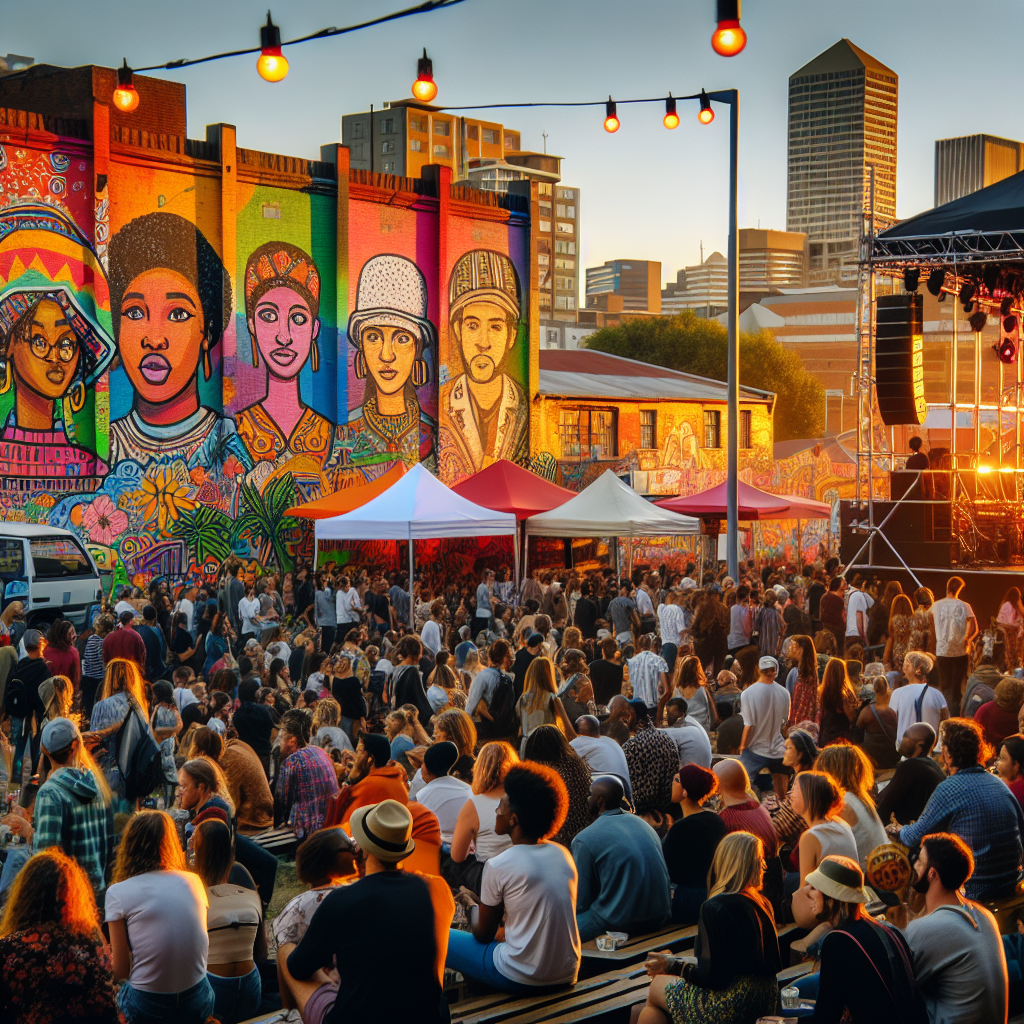 Fargerik utendørs festivalscene i Johannesburg med et mangfoldig publikum, scenelys, gatekunst i bakgrunnen og matboder ved solnedgang