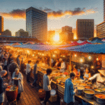 Livlig Johannesburg matmarked ved solnedgang: fargerike boder, lokale retter, folk som smaker mat, urban bakgrunn, varm stemning