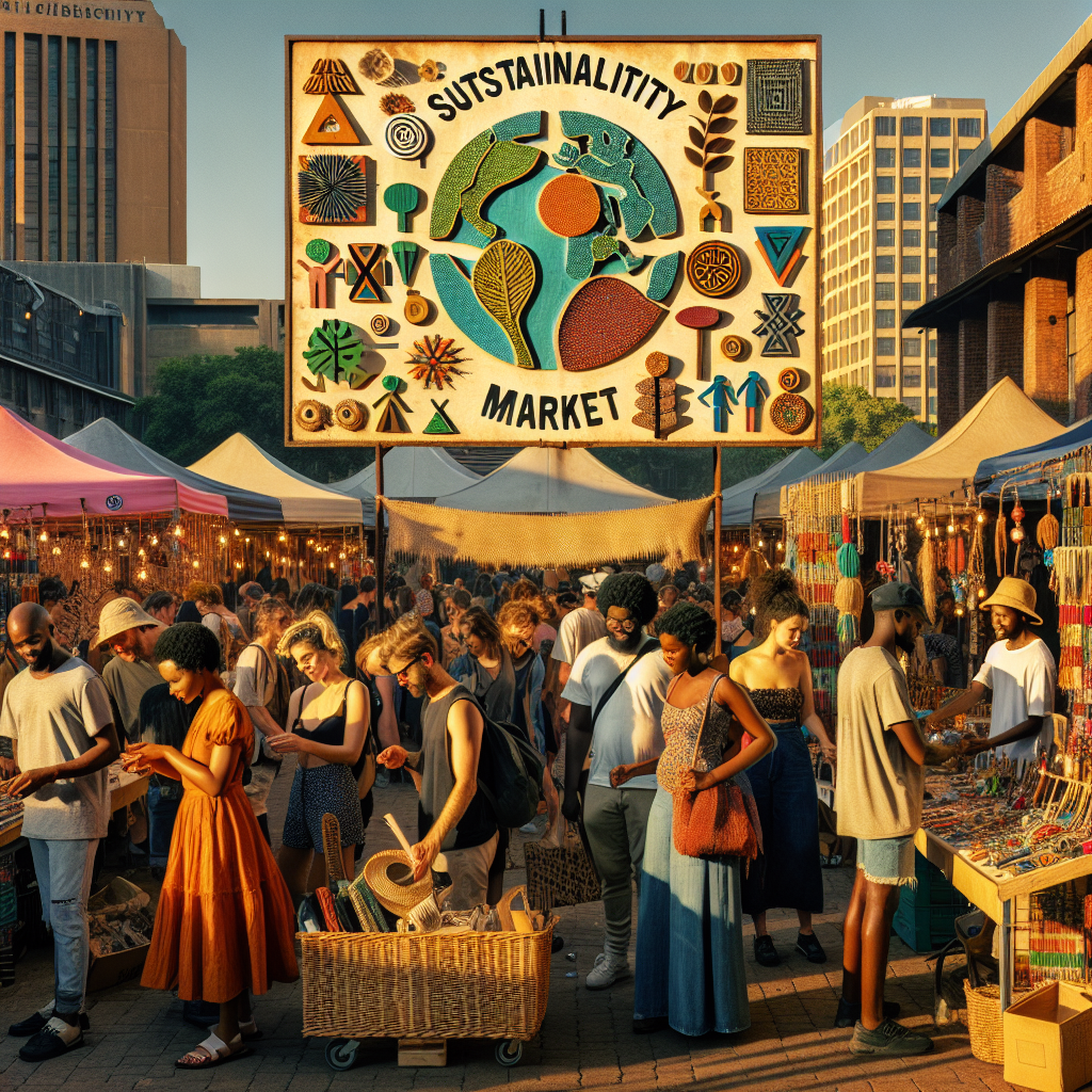 Fargerikt bærekraft-marked i Johannesburg med håndverksskilt, urbane bakgrunn, lokale designere og kunder som handler, varm gyllen ettermiddagsbelysning