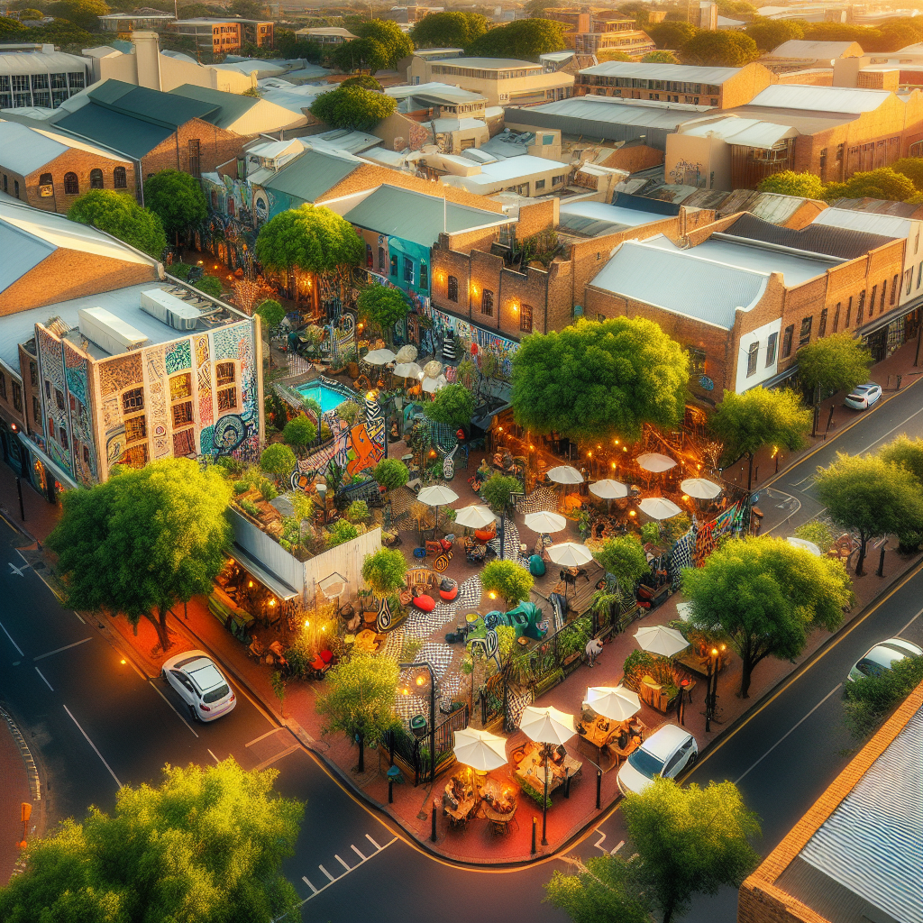 Oversiktsbilde av et fargerikt Johannesburg-gatescène med gatekunst, små kafeer og grønne trær, varmt lys ved solnedgang, urban og innbydende stemning