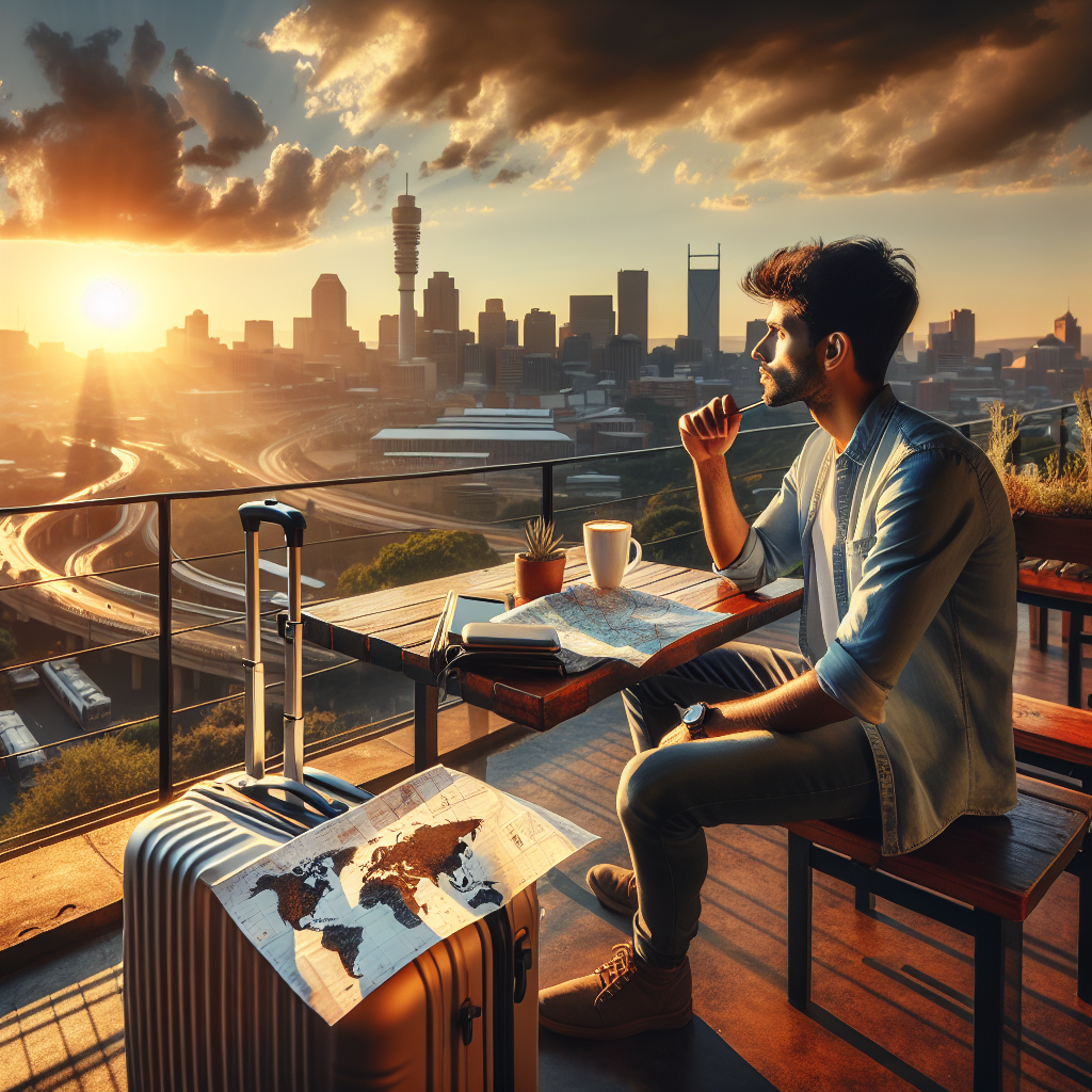 Oversiktsbilde av Johannesburgs skyline i gylden kveldssol, med en rolig turist som planlegger reiserute, pakket koffert og kart på et kafébord