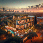 Luftfoto av et moderne boutique-hotell i Johannesburg ved solnedgang, med grønne omgivelser, gjester på terrasse og varm lyssetting