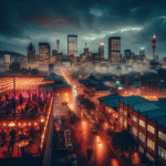 Nattlig byscene i Johannesburg med takbarer, neon, musikkpublikum og en stemningsfull skyline sett fra gatenivå