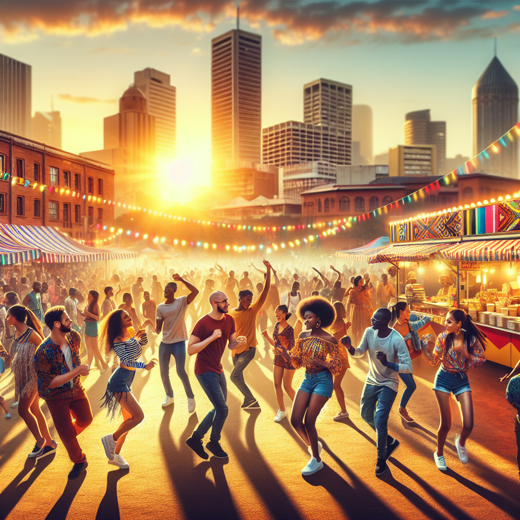 Fargerik gatefestival i Johannesburg med scenelys, dansere, matboder og byens skyline i bakgrunnen, varmt gyllent lys, livlig folkemengde, moderne fotografisk stil