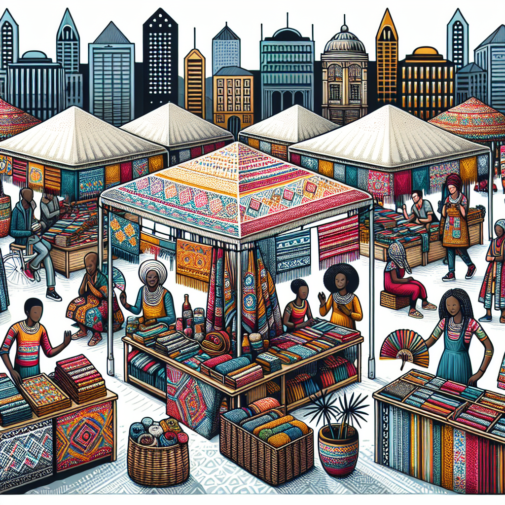Fargerikt marked i Johannesburg med bærekraftige tekstiler, håndverkere som viser produkter, skyggefulle boder og et travelt, vennlig urbant bakteppe